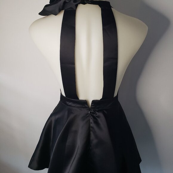Shiny Black Satin Commense Flare Skirt Dress w Apron Front + Neck Ribbon - Picture 3 of 16